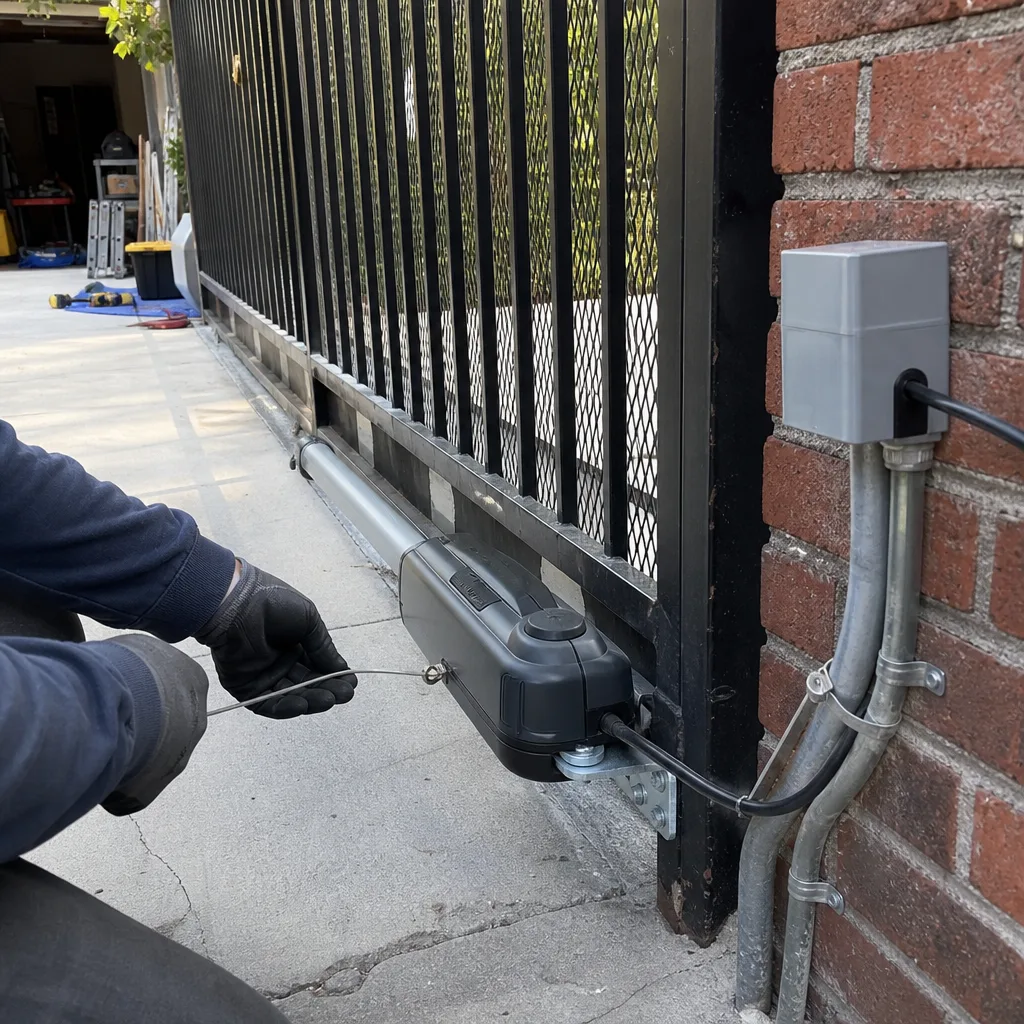 Technician performing professional electric gate repair and maintenance on sliding mechanism