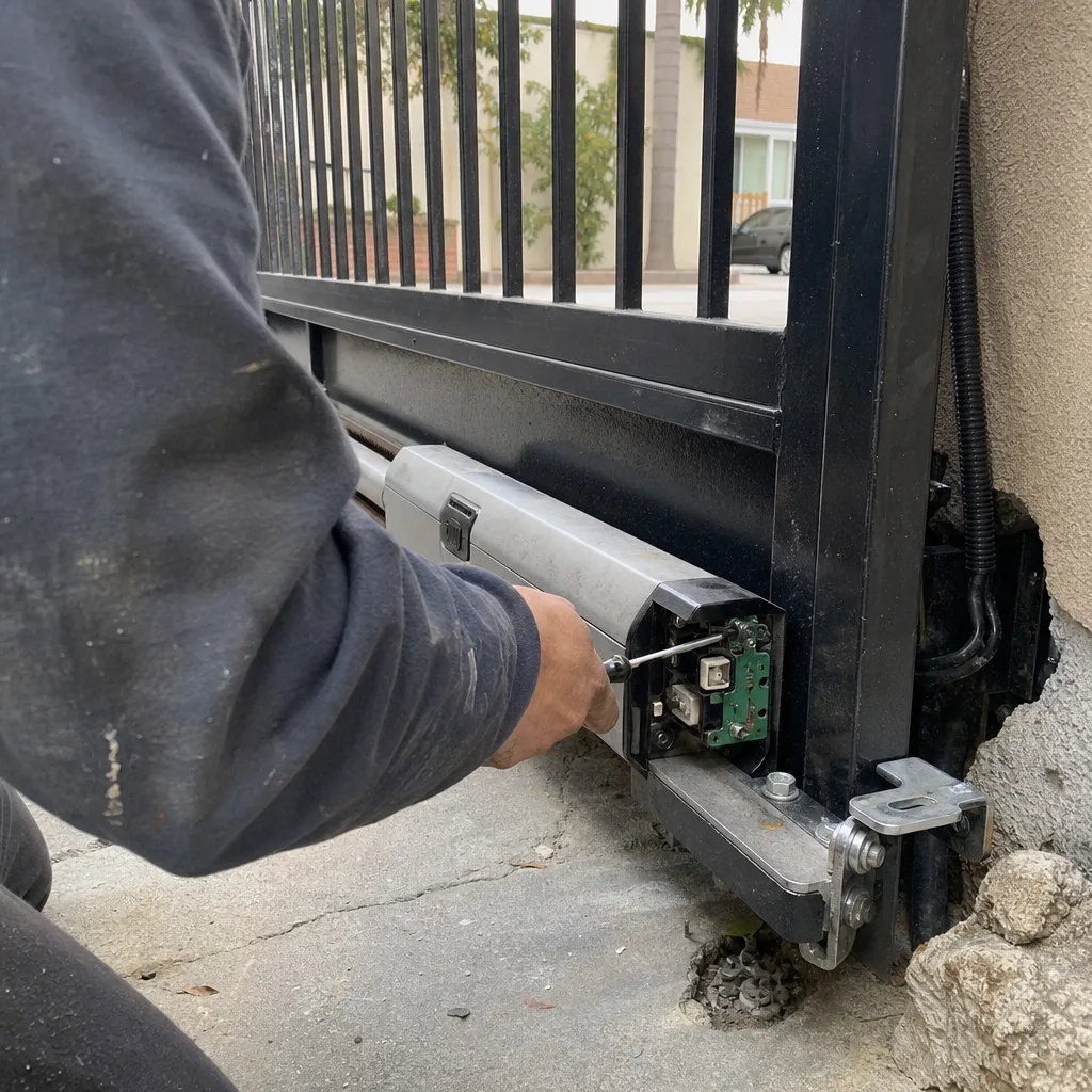 Technician performing professional electric gate repair and maintenance