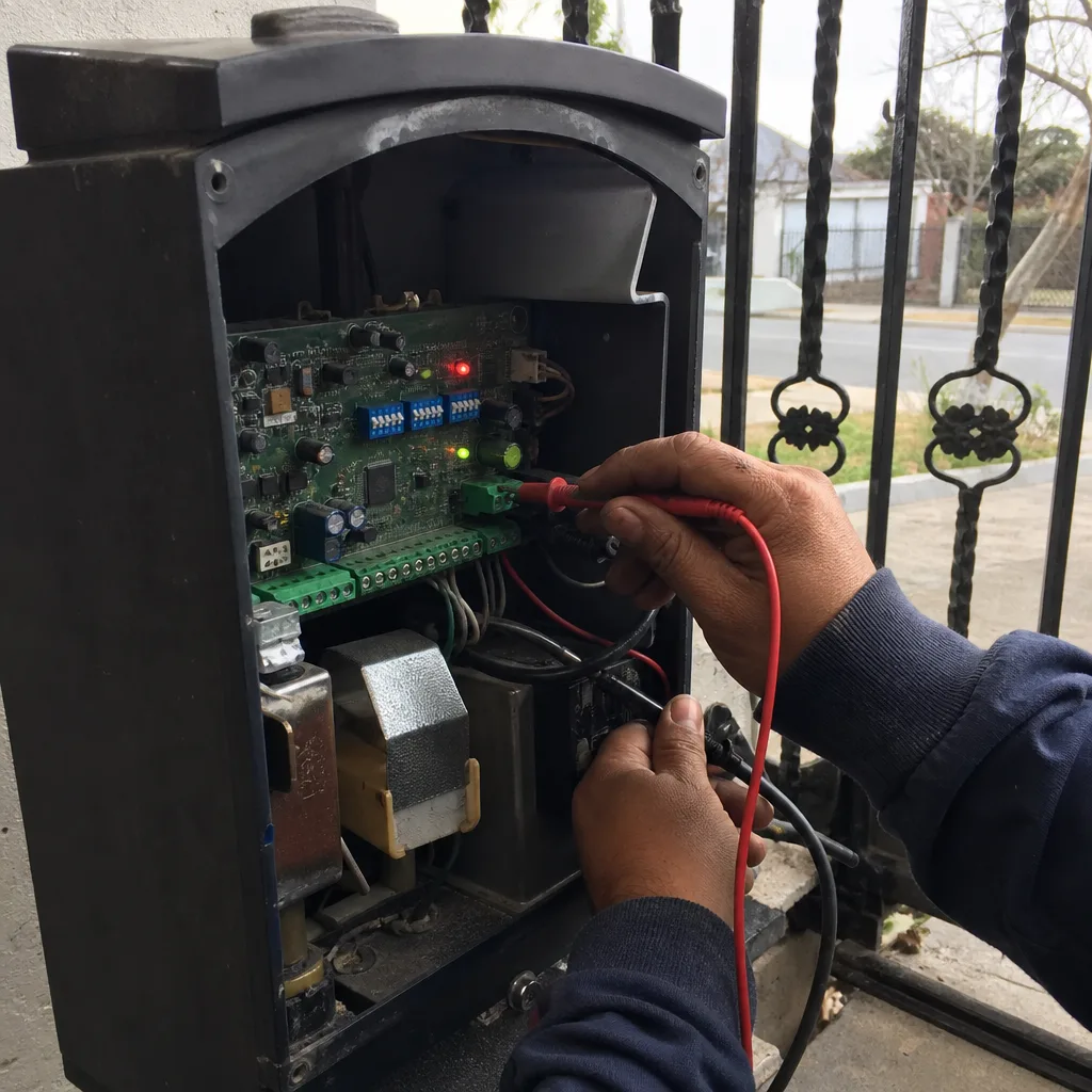 Technician performing electric gate motor repair and troubleshooting on control board