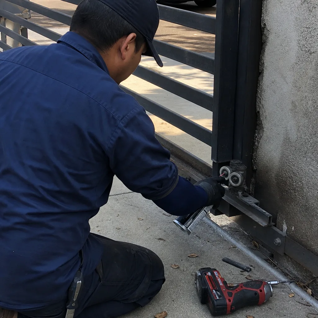 Technician performing professional gate opener repair and maintenance on sliding gate rollers