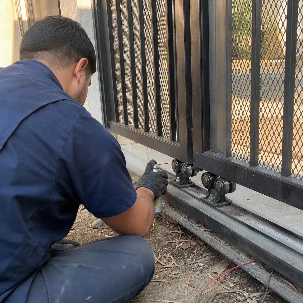 Technician performing professional sliding gate maintenance and hardware lubrication