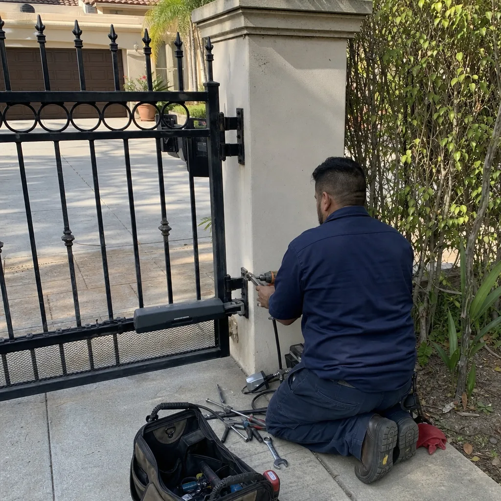 Technician performing professional gate opener repair on a residential property