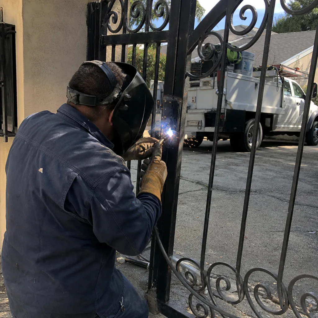 Professional welder performing iron gate repair service on a residential property