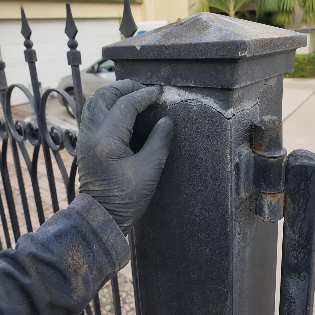 Professional assessing a structural crack on a black metal gate post