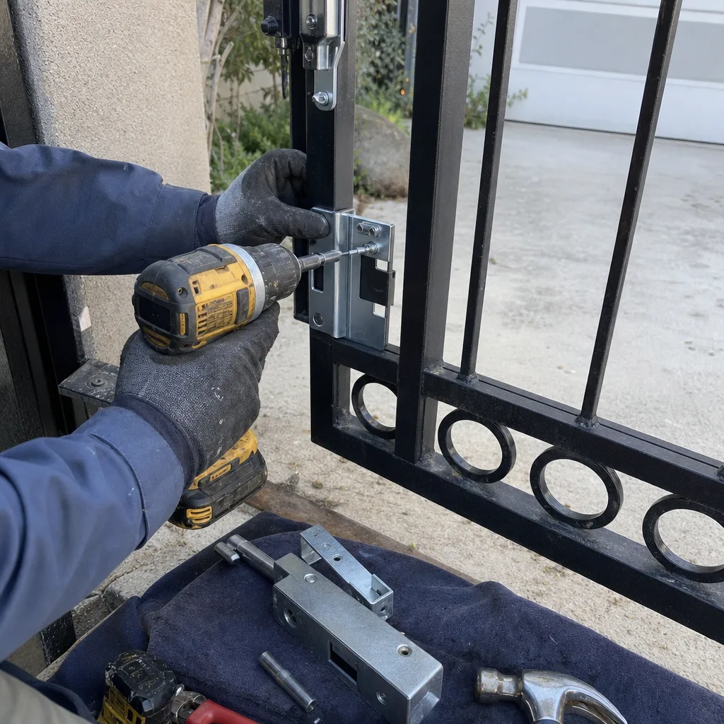 Technician using a power drill to install a metal gate latch
